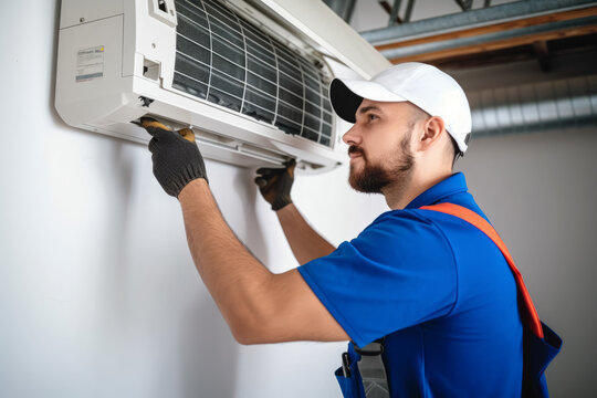 HVAC technician installing a mini split air conditioner in Thousand Oaks
