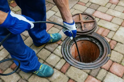 Plumber cleaning an outdoor sewer drain in Thousand Oaks