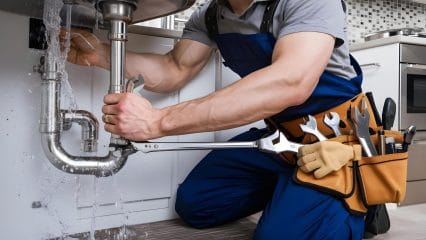Plumber repairing pipes beneath a sink in Thousand Oaks