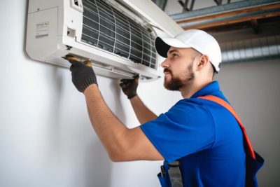 Mini Split AC Installation Thousand Oaks HVAC technician installing a mini split air conditioner in Thousand Oaks